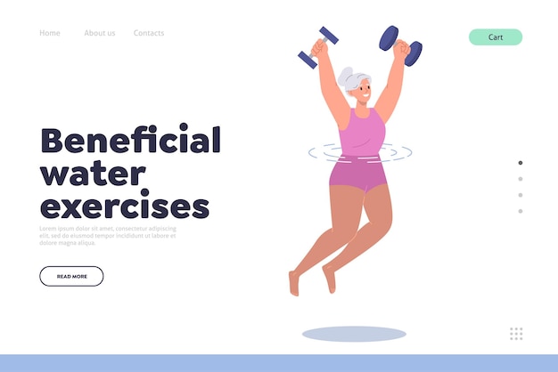 Vector beneficial water exercises concept for landing page design template with old woman doing aquarobics