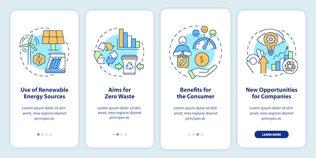 Benefits of circular economy onboarding mobile app screen Zero waste walkthrough 4 steps graphic instructions pages with linear concepts UI UX GUI template Myriad ProBold Regular fonts used