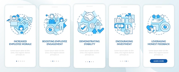 Benefits of transparency blue onboarding mobile app screen. Clarity walkthrough 5 steps graphic instructions pages with linear concepts. UI, UX, GUI template. Myriad Pro-Bold, Regular fonts used