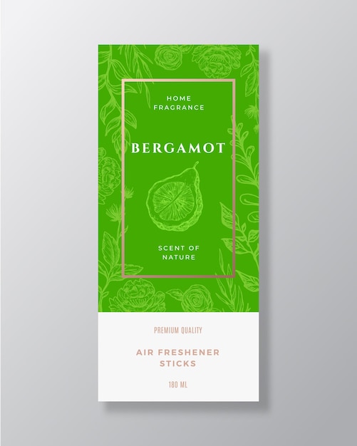 Bergamot Home Fragrance Abstract Vector Label Template Hand Drawn Sketch Flowers Leaves Background and Retro Typography Premium Room Perfume Packaging Design Layout Realistic Mockup Isolated