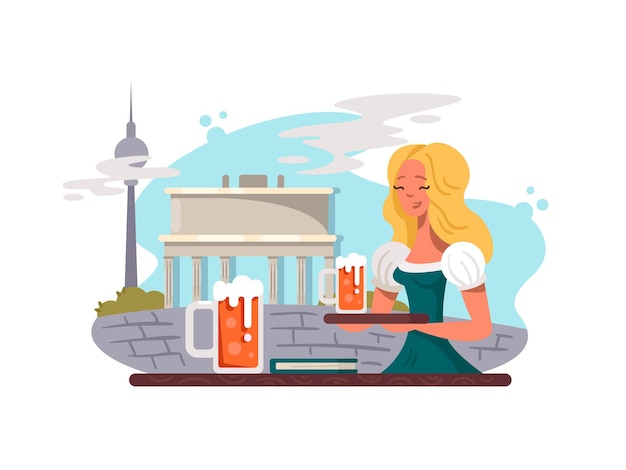 Berlin capital of Germany. Blond girl with glass of beer. Vector illustration