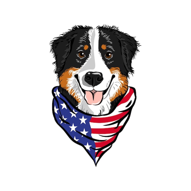 Bernese Mountain Dog Head Wearing American Flag Neck Bandana