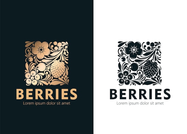 Berries and flowers a monochrome emblem a logo in a square shape Vector illustration