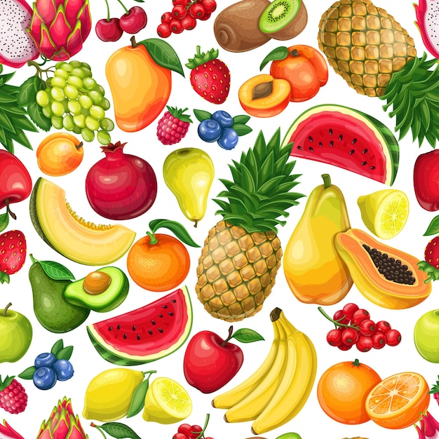 Berries and fruits seamless pattern, vector illustration. Background with pitaya, pomegranate, raspberries, grapes, currants and blueberries. Lemon, peach, apple, watermelon avocado and melon