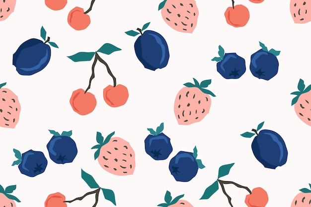 Berry cherry strawberry and plum seamless pattern kids hand drawn print for textile fabric design