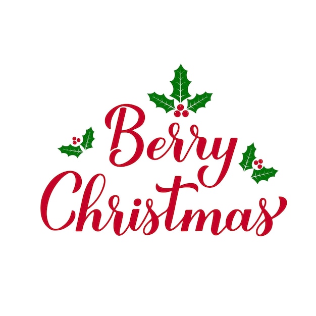 Berry Christmas calligraphy hand lettering with holly berries and leaves Funny Christmas quote Winter holidays pun Vector template for typography poster banner greeting card sticker etc