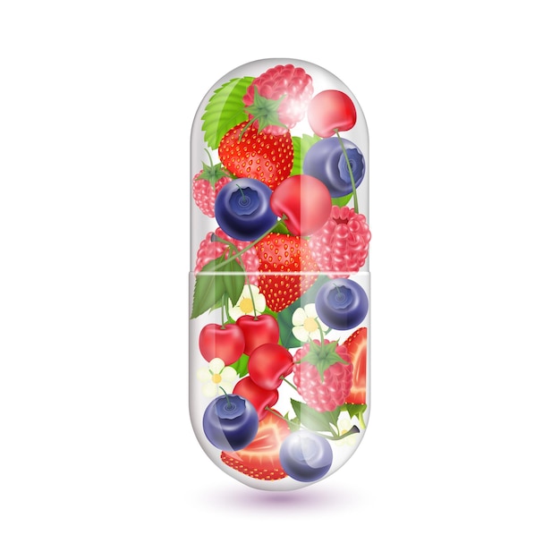 Berry different fruit vegetable inside capsule rich in vitamin