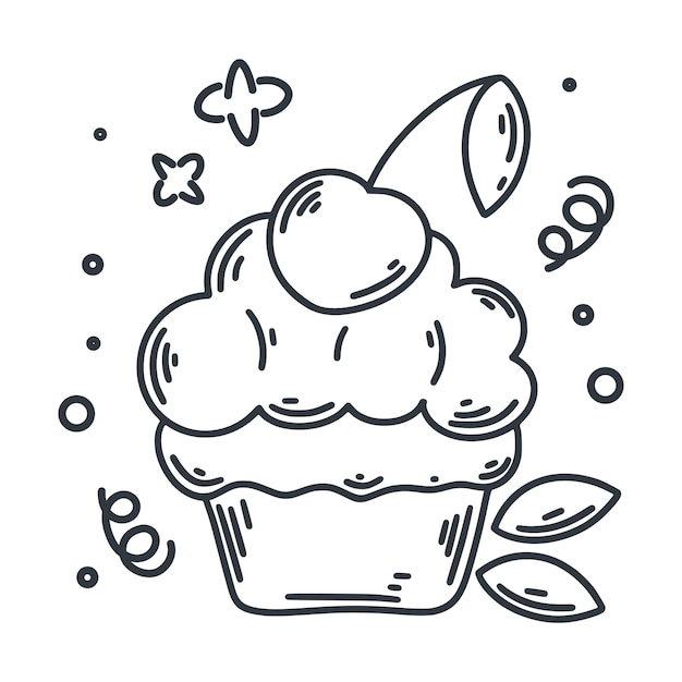 Vector berry doodle cupcake muffin with cherry mint leaves and squiggles ink hand drawn sketch cake clipart