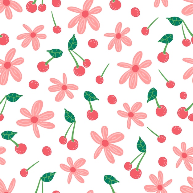 Berry flowers cherry seamless vector pattern Repeating background with summer fruit Use for fabric gift wrap packaging