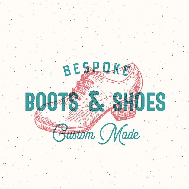 Bespoke Boots Retro Sign or Logo Template with Women Shoe Illustration and Vintage Typography Emblem and Shabby Texture.