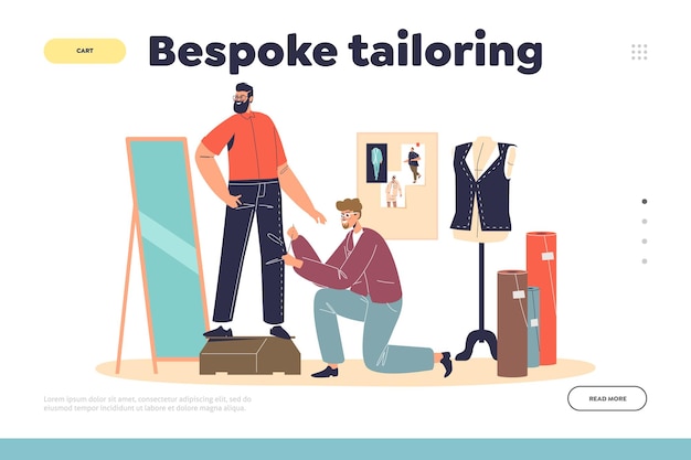 Bespoke tailoring concept of landing page with sewer sewing pants on client Dressmaking master prepare suit for man customer in fashion designer workshop Cartoon flat vector illustration