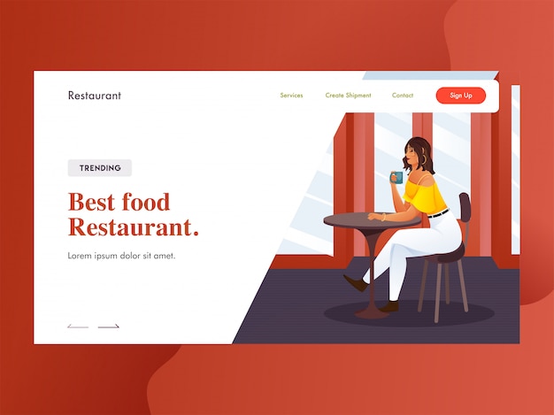 Vector best food restaurant landing page  with modern girl drinking coffee at restaurant.