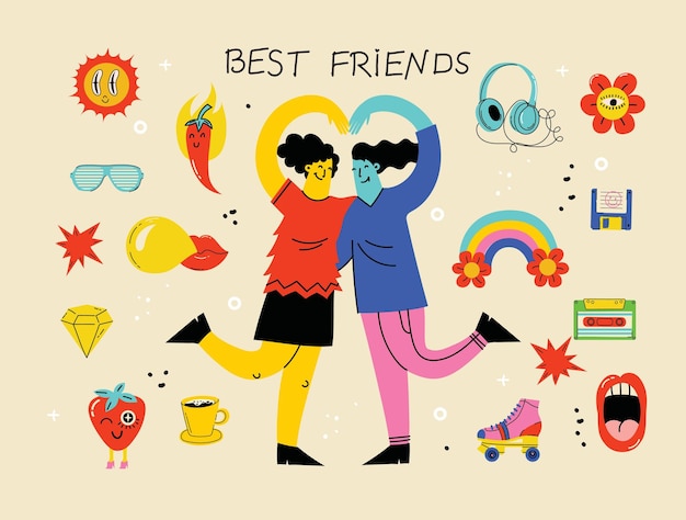 Best friends cocept illustration Vector illustration of multicultural girls and multicultural friendship Happy friendship day Teenage girl friends hugging and having fun