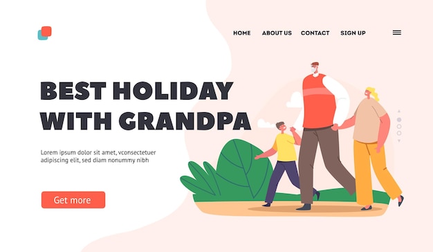 Best Holidays with Grandpa Landing Page Template Grandfather Walk with Grandchildren in Park Happy Family Walking