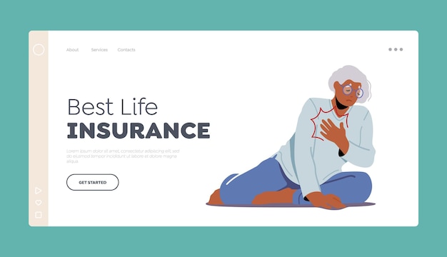 Best Life Insurance Landing Page Template Unhappy Senior Woman Sitting on Floor Holding Heart Aged Female Fall Down