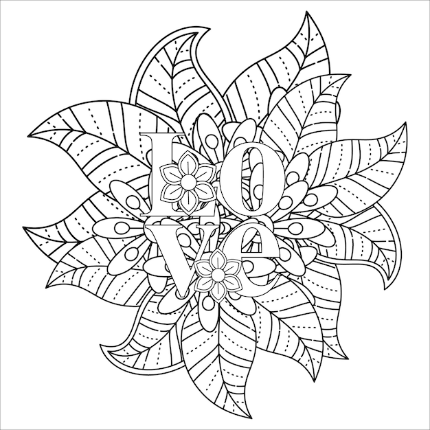 Best Love word flower mandala coloring page