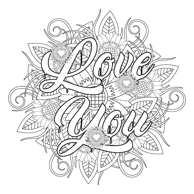 Best Love word flower mandala coloring page