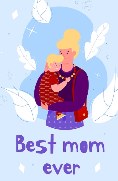 Best mom card template with woman and child cartoon illustration