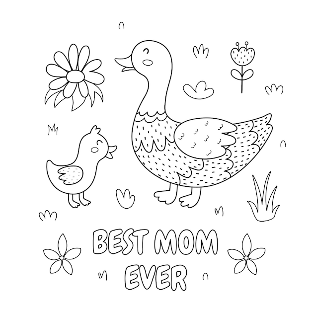 Best mom ever black and white print with a cute mother duck and her baby chick