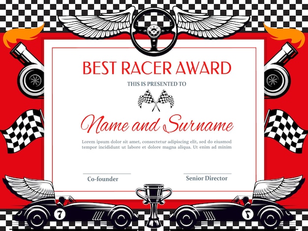 Best racer award diploma. Racing winner border with black and white chequered flag, winged car and cup