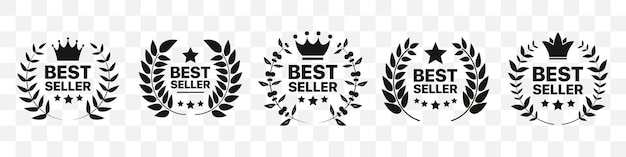 Best seller badge collection Set of best seller emblem with laurel wreath crown and star icon Best seller label collection