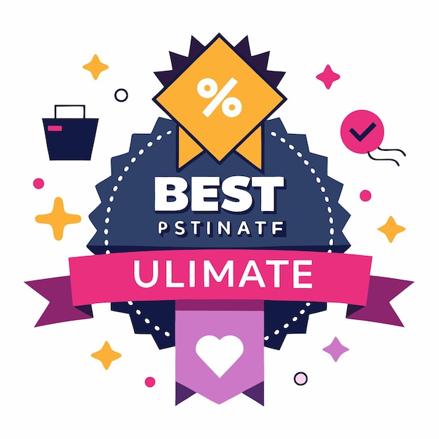 Vector best ultimate discount offer sale design with blue badge pink ribbon and yellow percent sign