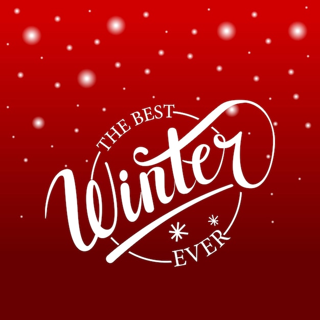 Vector the best winter ever  hand written text. brush lettering at blue winter background with snowflakes. vector card design with calligraphy. winter typography. winter card, banner or flyer template.