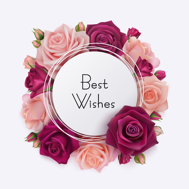 Best Wishes card. White round frame with pink roses