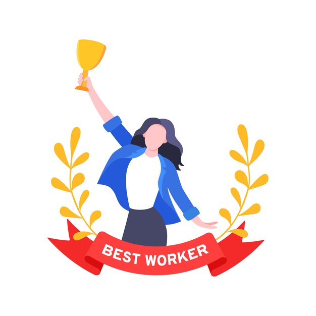 Vector best worker employee winner with trophy cup inside award ribbon and floral wreath flat style design