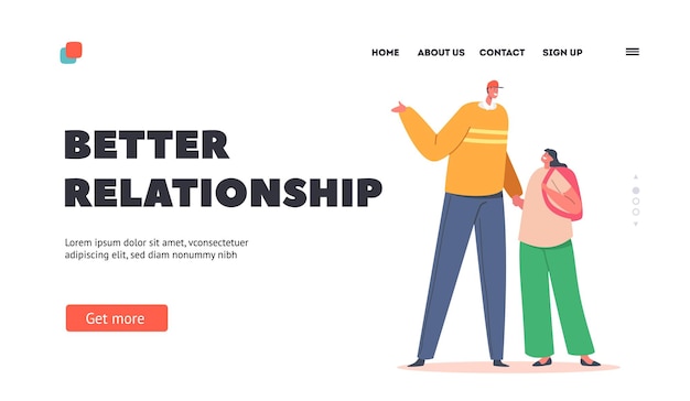 Better Relationship Landing Page Template Happy Family Characters Young Father with Schoolgirl Dad and Daughter