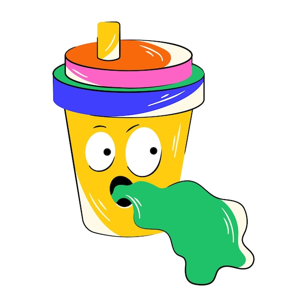 Beverage cup flat sticker depicting drink spilling from mouth