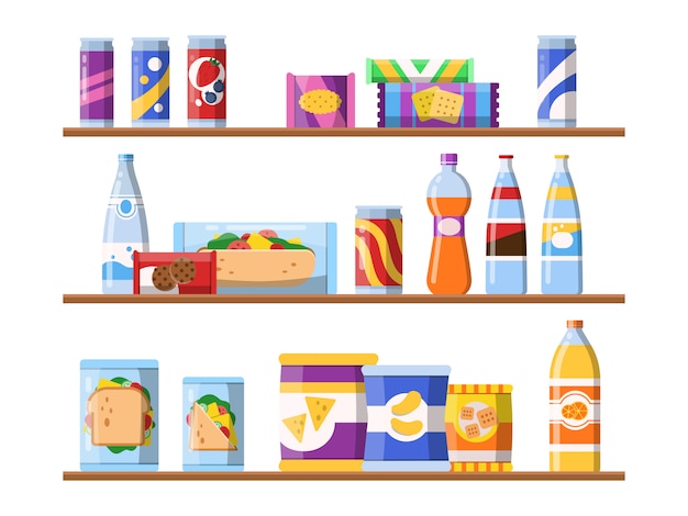 Beverage food on shelves. Fast food snacks biscuits and water standing on showcase  merchandising  flat illustrations