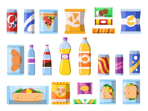 Beverages food. Plastic containers fastfood drinks and snacks candy biscuits chips  flat isolated