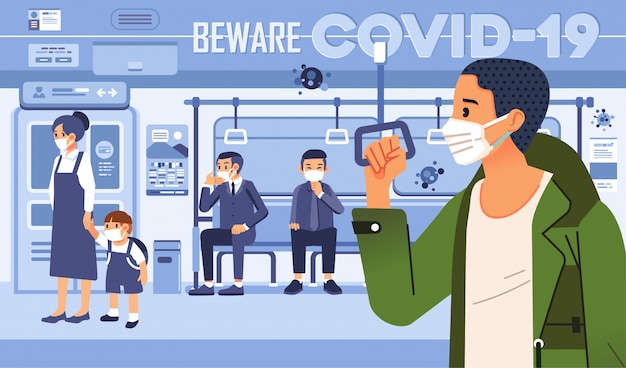 Beware to covid 19 illustration with people in train as public transportation, social distancing and wearing mask to prevention