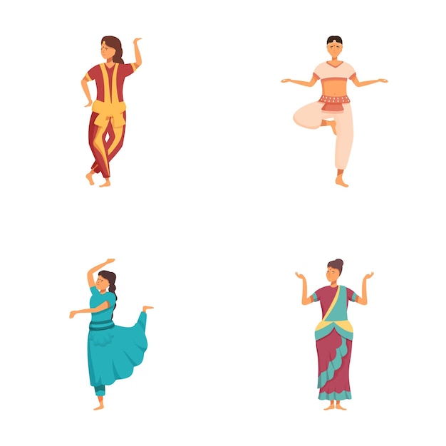 Vector bharatanatyam dance icons set cartoon vector woman dancer in indian cloth