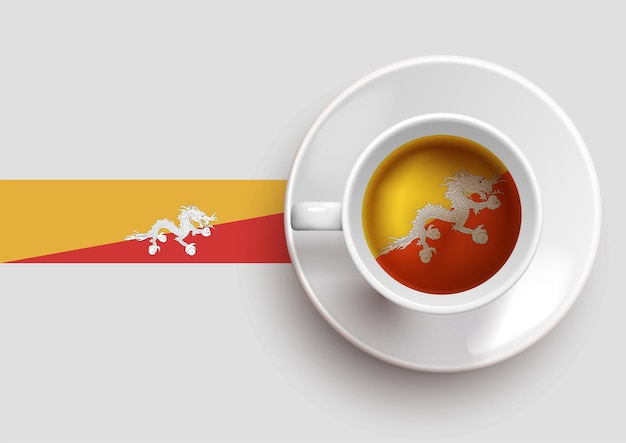 Bhutan flag with a tasty coffee cup on top view