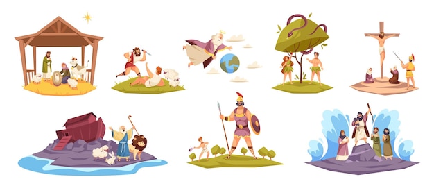 Bible characters Ancient sacred cult book characters holy book key scenes Christ birth in manger virgin Mary world flood Adam and Eve in garden of paradise Cain and Abel vector set