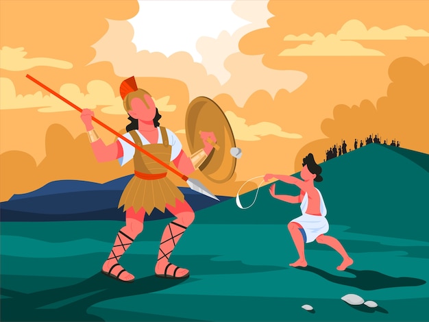 Bible narratives about David and Goliath. Christian bible character. Scripture history. David and Goliath in the middle of battle.  illustration.