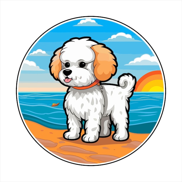 Bichon Frise Dog Breed Cute Cartoon Kawaii Character Beach Summer Animal Pet Sticker Illustration