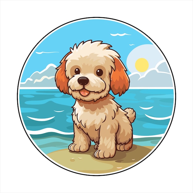 Bichon Yorkie Dog Breed Cute Cartoon Kawaii Character Beach Summer Animal Pet Sticker Illustration