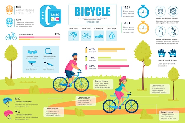 Bicycle concept banner with infographic elements Athletes in cycling sport activity and healthy