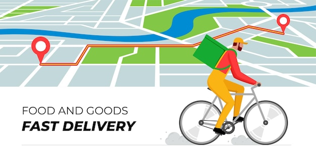 Bicycle delivery ordering service banner design template route with geotag location pins on city map