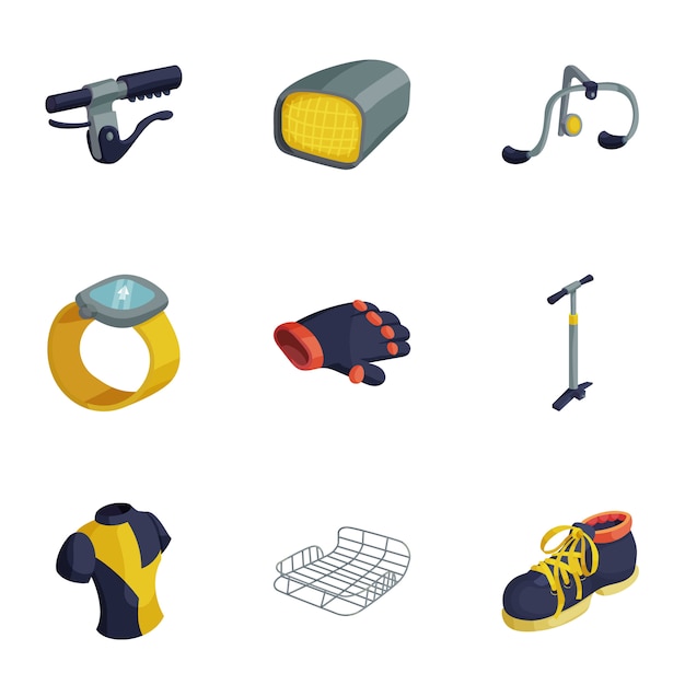 Bicycle equipment icons set, cartoon style