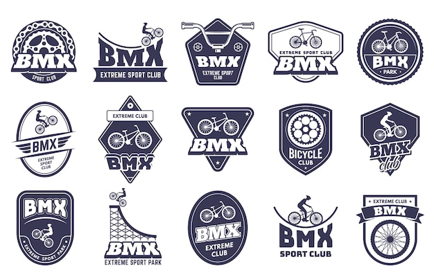 Bicycle motocross badges Bmx extreme label sport bike emblem and bicycle rider club vector set