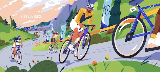 Bicycle race Tour de France Cyclists cycling on road bikes People racers riding at fast speed at sport competition rally Many bicyclists driving on highway track outdoors Flat vector illustration