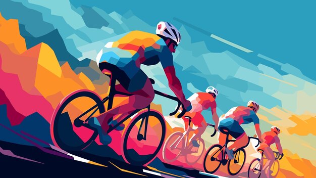 Vector bicycle racers riding bikes on cycling tournament cycle sport lowpoly style vector poster