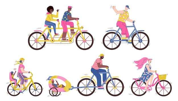 Bicycle races set with people riding bike cartoon illustration