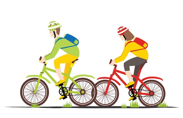 Bicycle Rider Couple in Flat Style. Man and Woman on a Bike. Vector Illustration.