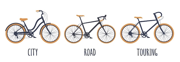 Bicycle type icons set City road touring Vector black and orange illustration