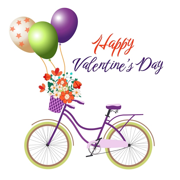 Bicycle with balloons and a basket of flowers. Valentine's day and love. Illustration for a postcard